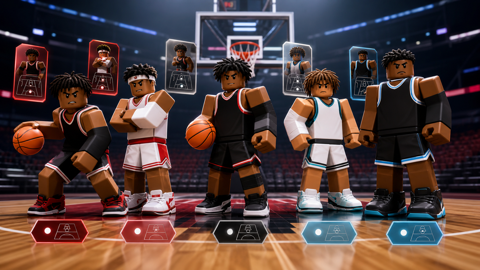 A complete five-player basketball lineup assembled on an indoor court
