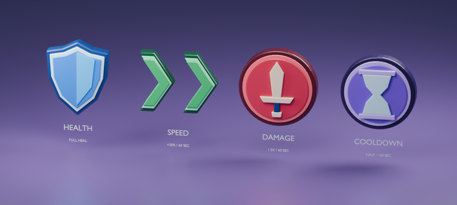 Climb Chaos boost models: health shield, speed arrows, damage token, and cooldown token