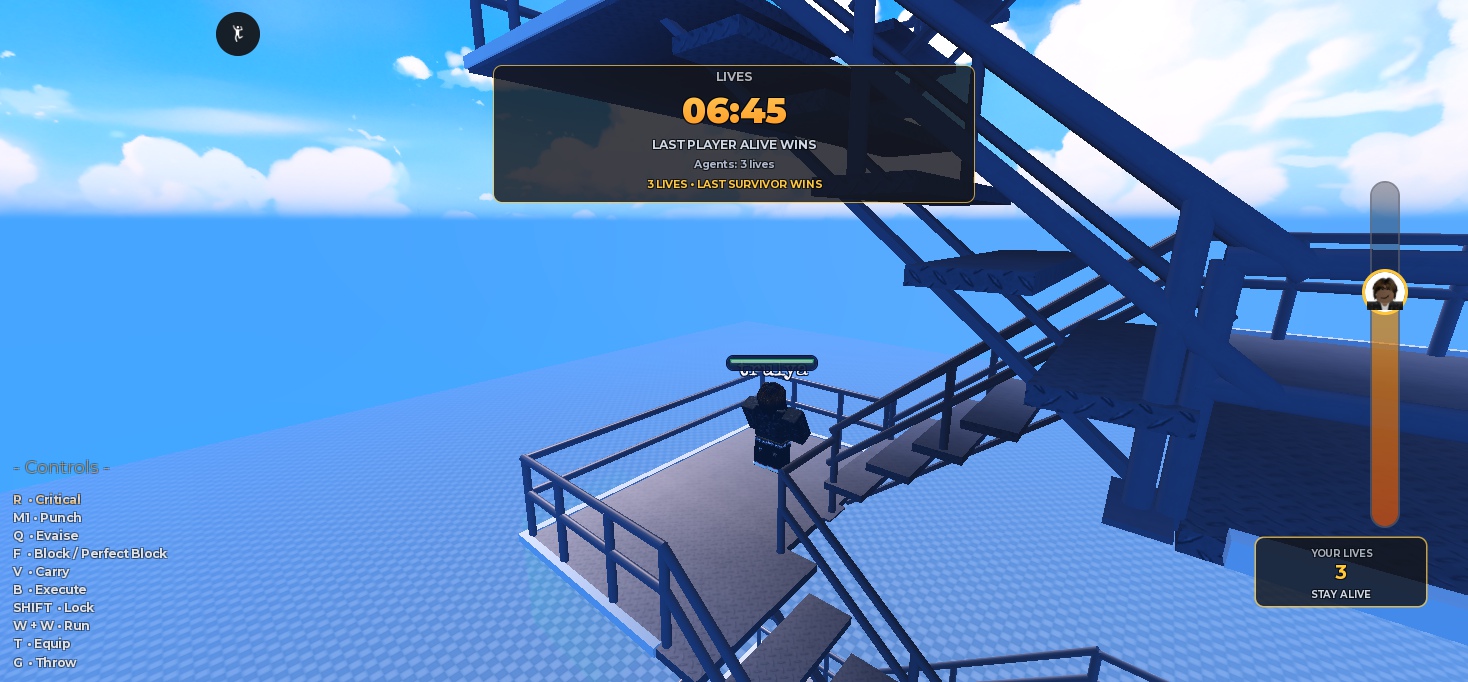 Climb Lives mode running in Studio, showing the tower, round timer, and three-life HUD