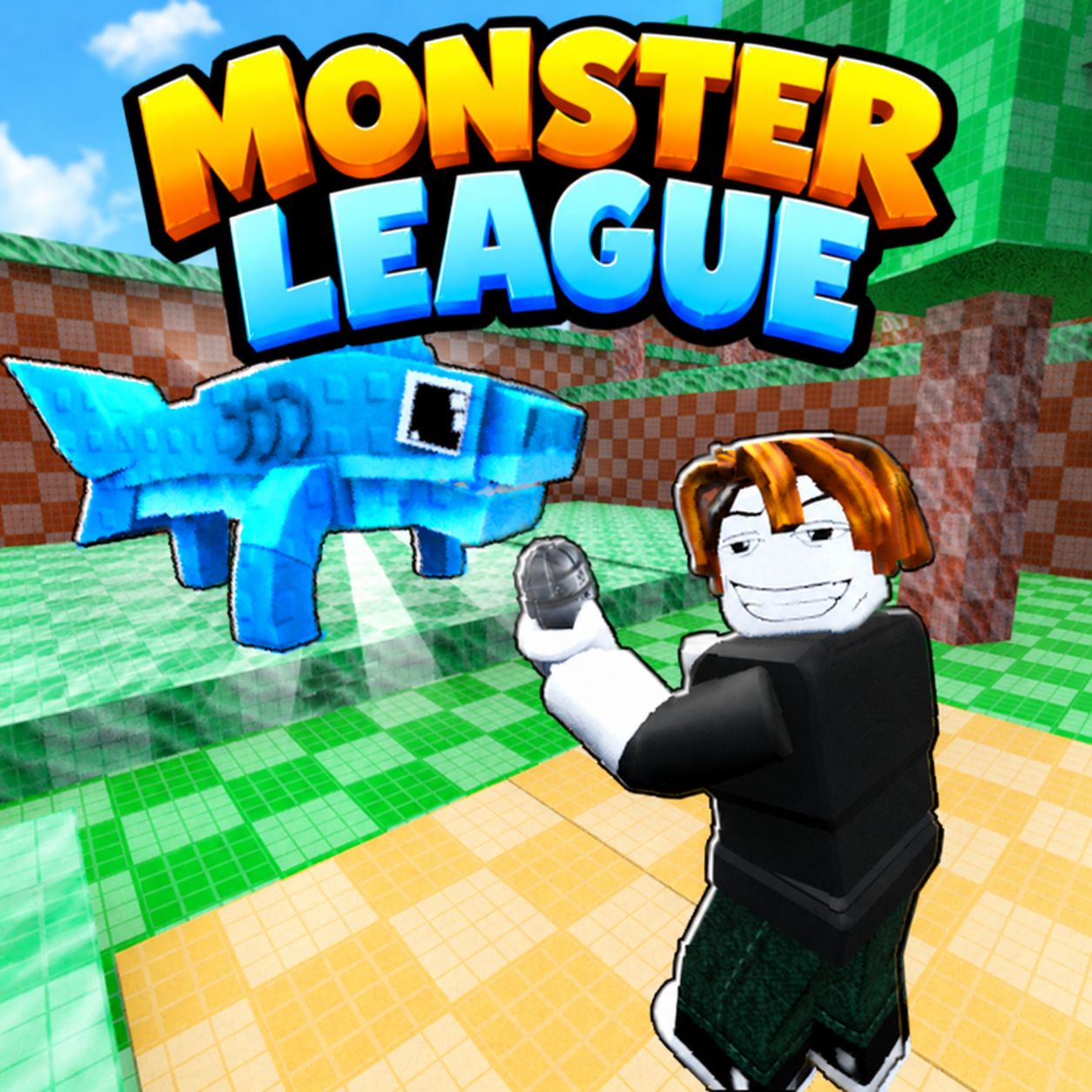 Monster League artwork with a blue creature and its trainer